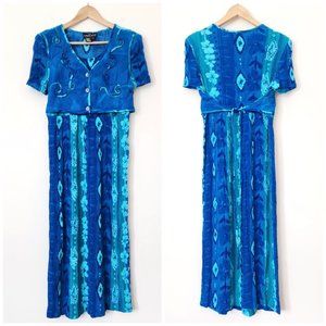 Vintage Carole Little Blue Embroidered Midi Dress Abalone 90s Short Sleeve // 12